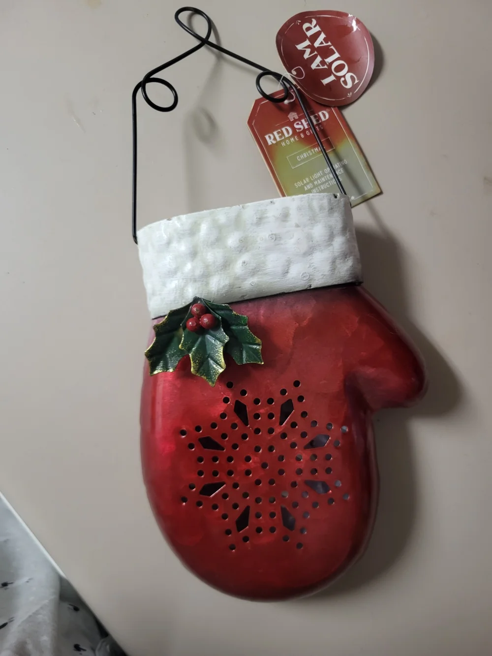 Solar Red Mitten Holiday Wall Decor with Holly Accent